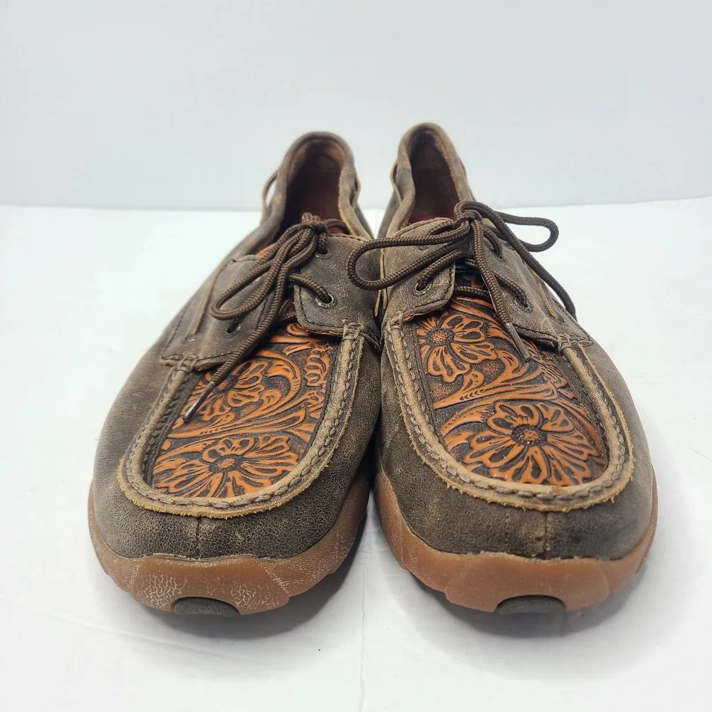 Twisted X Mens Brown Leather Floral Embossed Driving Mocs Boat Shoes 11.5 M